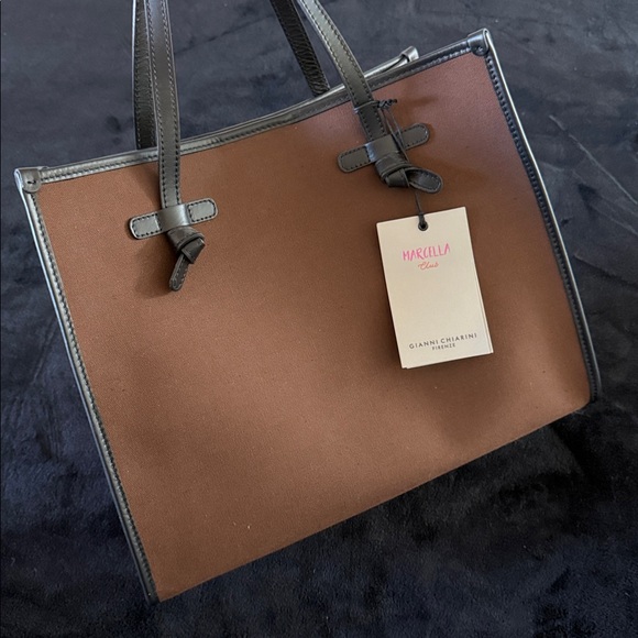 Made in Italy Marcella Leather Handle & Trim Canvas Shopping Bag Tote - Picture 4 of 9